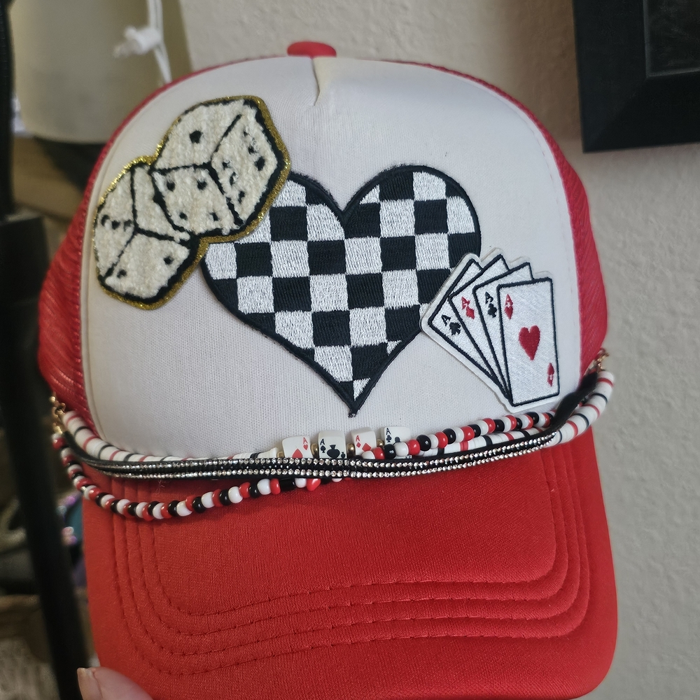 Womens Red and White Cap with Dice and Cards Design